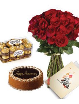 20 Red Roses +1/2 Kg Chocolate Cake + 16 Fr + Greeting