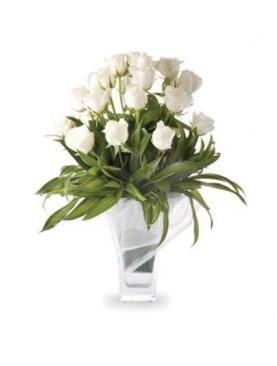 20 White Roses In Glass Vase