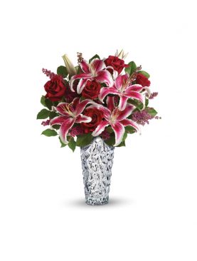 3 Lillies & 12 Roses In Glass Vase