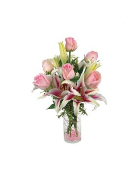 3 Lilies & 12 Roses With Tall Glass Vase
