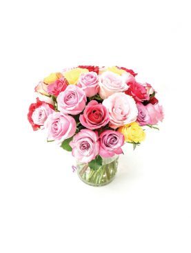 30 Mix Roses In Glass Vase