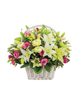 5 Lilies & 30 Roses In Cane Basket