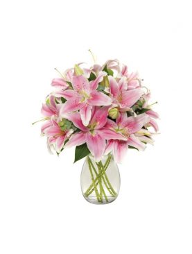 5 Pink Lilies In Glass Vase
