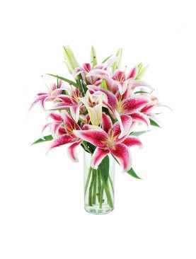 8 Lillies In Glass Vase Or Basket
