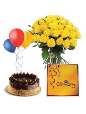 12 Roses + 1/2 Cake + Celebration Pack + 3 Balloons
