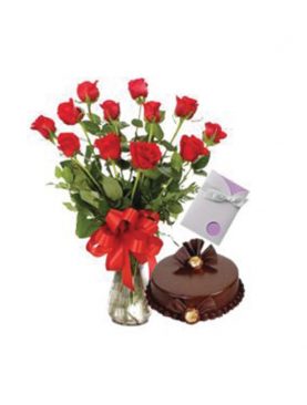 12 Red Roses + 1/2 Kg Chocolate Cake + Greeting Card