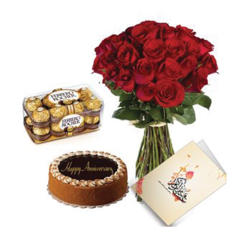 20 Red Roses +1/2 Kg Chocolate Cake + 16 Fr + Greeting