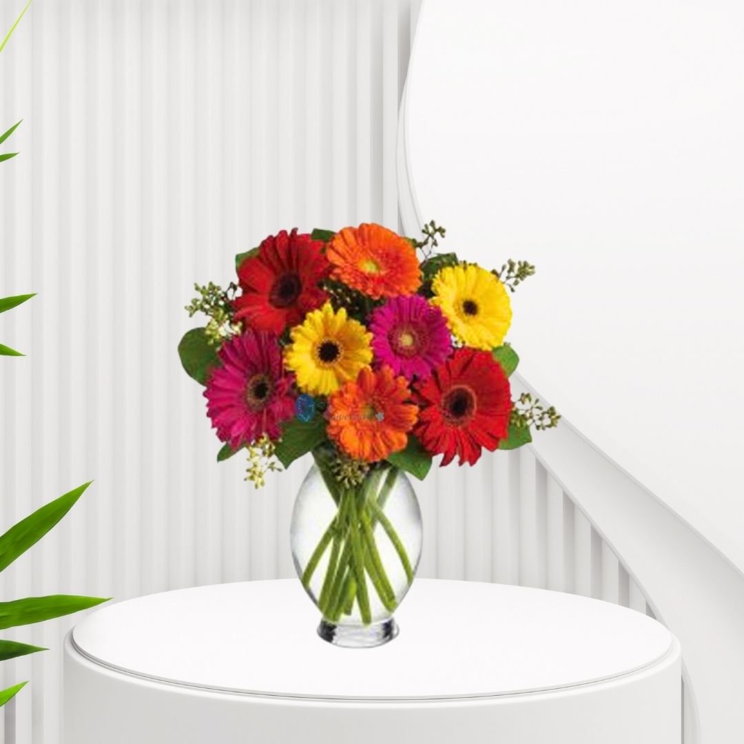 20 Mix Gerberas In Glass Vase