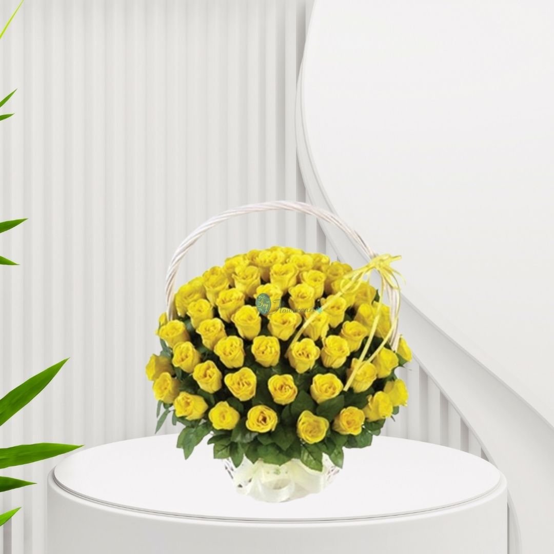 25 Yellow Roses In A Basket